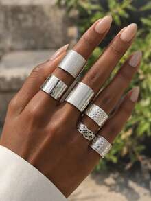 304 Stainless Steel European & American Vintage 6pcs Wide Textured Ring Set, Women's Personalized Hammered Engraved Metallic Stackable Rings, Minimalist Versatile Street Style Daily Party Jewelry - Geometry 6 Pieces - View 5