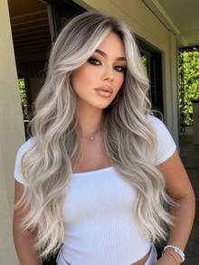 26 Inch Gradient Gray & Gold Butterfly Long Fluffy Wavy Synthetic Wig, Heat-Resistant Fiber Middle Part Women's Wig, Natural Voluminous Style, Suitable For Halloween, Thanksgiving, Christmas And Cosplay Occasions, Festival Accessories Extensions - Ombre - View 2