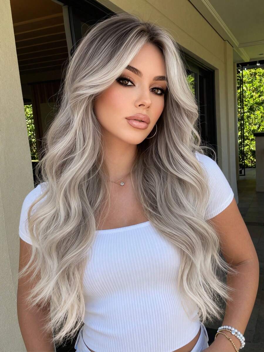 26 Inch Gradient Gray & Gold Butterfly Long Fluffy Wavy Synthetic Wig, Heat-Resistant Fiber Middle Part Women's Wig, Natural Voluminous Style, Suitable For Halloween, Thanksgiving, Christmas And Cosplay Occasions, Festival Accessories Extensions