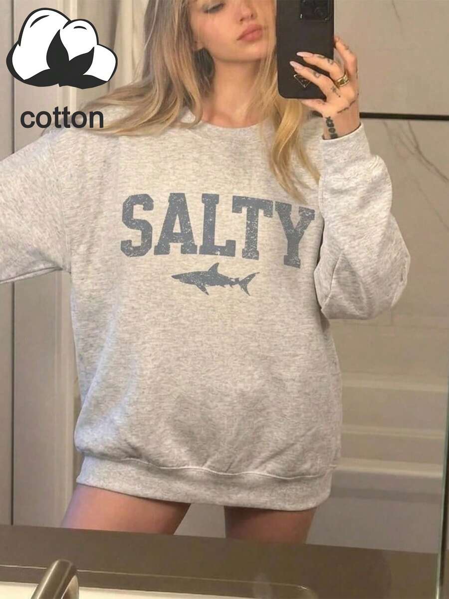 女款 SALTY Shark 復古字母印花秋冬休閒圓領長袖衛衣上衣 - 淺灰色 - 查看 1