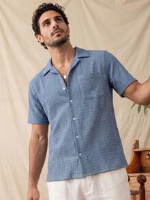 glestore Men's Retro-Style Casual Classic Solid-Color Textured Short-Sleeve Shirt-Perfect For All Seasons, A Must-Have Fashion Item - Dusty Blue - View 3