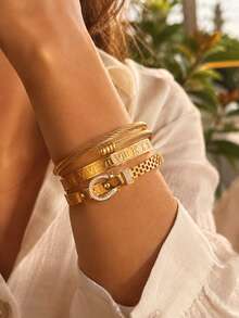 Camhanno Women's 3-Piece Gold Bracelet Set, Roman Numeral Belt Buckle, Zirconia Twisted Rope Stackable Bracelets, Fashion Daily Wrist Jewelry Accessories - Multicolor - View 6