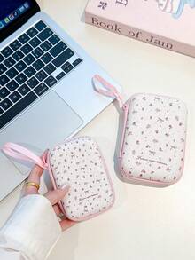 Floral Print Hard Shell Storage Case, Portable Zipper Electronic Accessories Organizer Pouch With Hand Strap, Protective Carry Bag For Earbuds, Cables, Makeup Cosmetics - Multicolor - View 2