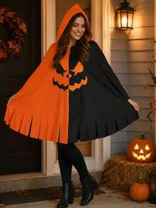 1pc Black & Orange Colorblock Hooded Cape With Pumpkin Print, Halloween Party Theme, Suitable For Carnival And Various Cosplay Props - Multicolor - View 1