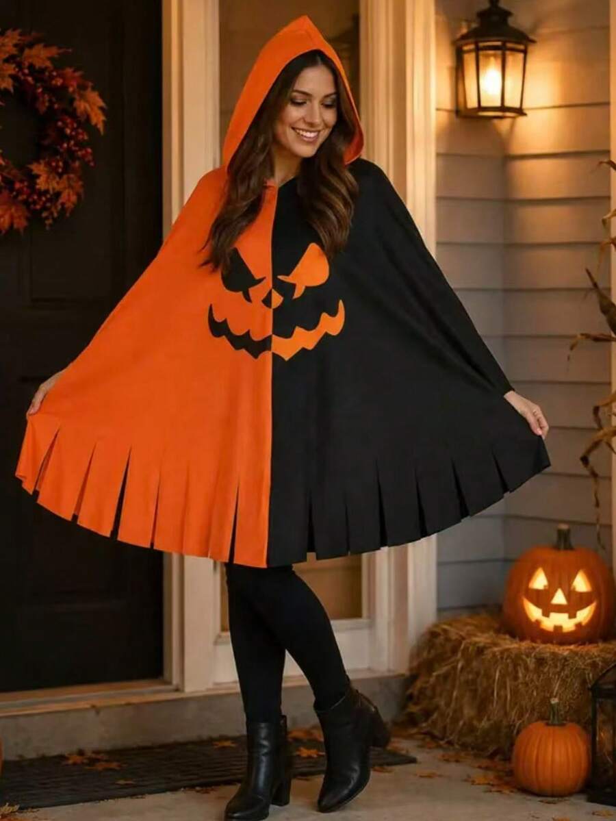 1pc Black & Orange Colorblock Hooded Cape With Pumpkin Print, Halloween Party Theme, Suitable For Carnival And Various Cosplay Props - Multicolor - View 1