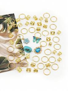 56pcs Fresh Ocean Breeze Hair Rings With Blue Butterfly, Camellia, Rhinestone & Bead Hair Jewelry For Women's Braid - Gold - View 6