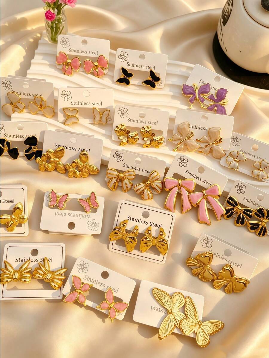 4/8/16/24pcs Bow Butterfly Cute Earrings For Women,For Office Vacation Daily Wear - Multicolor - View 1