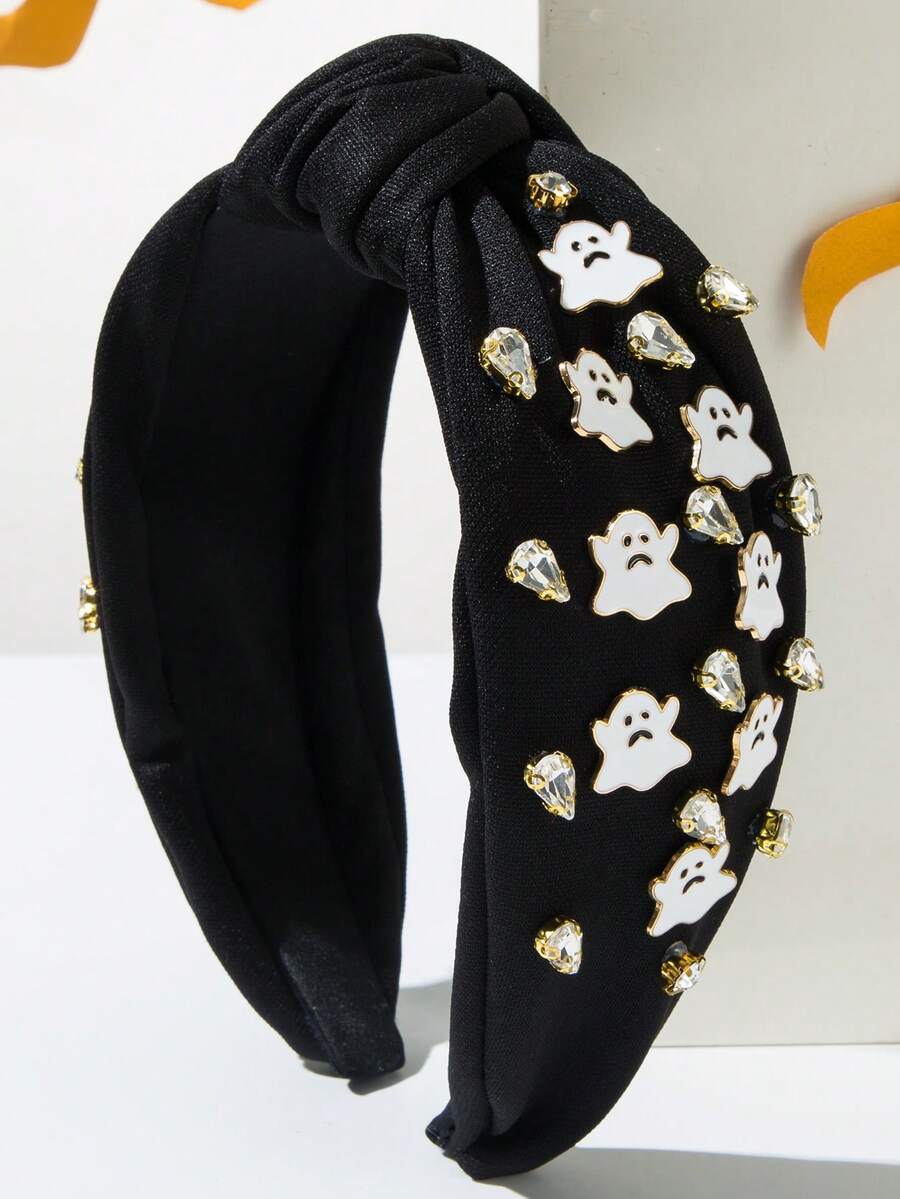 1pc Halloween Element Hair Accessory European And American Solid Color New Gem Ghost Decor Wide Band Knotted Headband Suitable For Women Party Wear Black Headpiece Holiday Accessory - FG1565-black Ghost - View 1