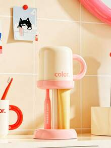 1pc Large Capacity Toothbrush Holder Cup Rack, No-Drill Wall-Mounted, Non-Falling, Drop-Resistant, Thickened ABS Plastic, INS Minimalist Sweet Cute Macaron Soft Colorful Style, Smooth Design With Drainage Holes, Independent Cup Slots, Side Hooks For Small Accessory Storage, Detachable Split Structure, Waterproof, Moisture-Proof, Anti-Water Accumulation, Easy To Clean, Fits Most Electric Toothbrushes - Multicolor - View 3