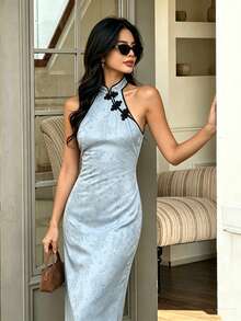 Seelio Spring/Summer New Women's European & American Style Fashion Knot Button Jacquard Dress Elegant - Baby Blue - View 2