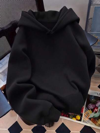 1pc Solid Black Hooded Sweatshirt, Loose Casual All-Match Long Sleeve Top, Soft Skin-Friendly Breathable Versatile Campus Commute Sports Style Tween Girl Clothing, Suitable For Spring Autumn Winter, Inner Layer Or Outer Wear, Simple Solid Color For Small Medium Large Children