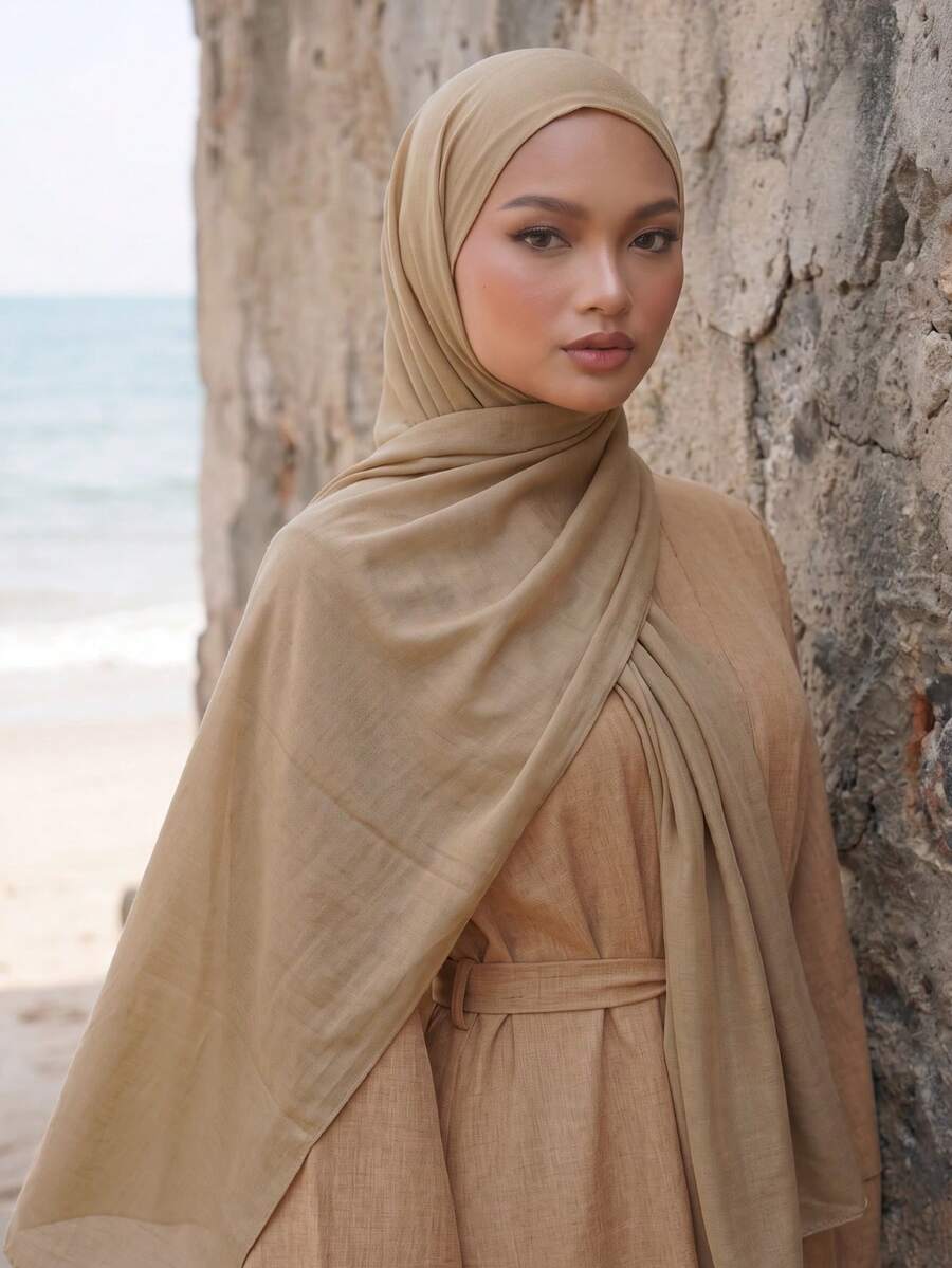 1PC Women's Khaki Viscose Headscarf, Solid Color Soft Wide-Edge Hijab Scarf, Versatile Sun Protection For Daily Wear
