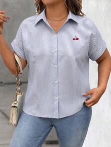 Plus Size Women's Cherry Embroidered Striped Shirt, Collared Rolled Sleeve Roll Cuff Button-Down Casual Blouse - Baby Blue - View 5