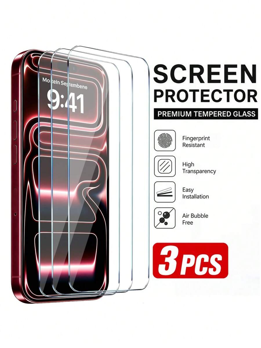 3 Packs, High-Definition Clear Tempered Glass Screen Protector, Compatible With IPhone 18 Pro Max/18 Pro/17/Air/16/15/14/13/Mini/12/11/X/XR, Anti-Fingerprint Coating, Scratch-Resistant, Bubble-Free Installation, Compatible With Phone Cases. - Clear - View 1