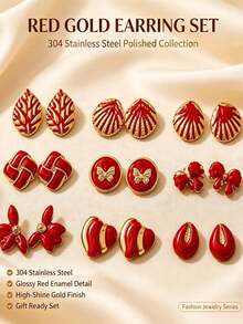 2/6/9 Pairs Minimalist Stainless Steel Earrings, Geometric Flower Design Hypoallergenic Studs, Suitable For Women's Daily, Holiday, Commute, Vacation Wear, Halloween Accessory, Women's Earrings - Red Earrings - View 1