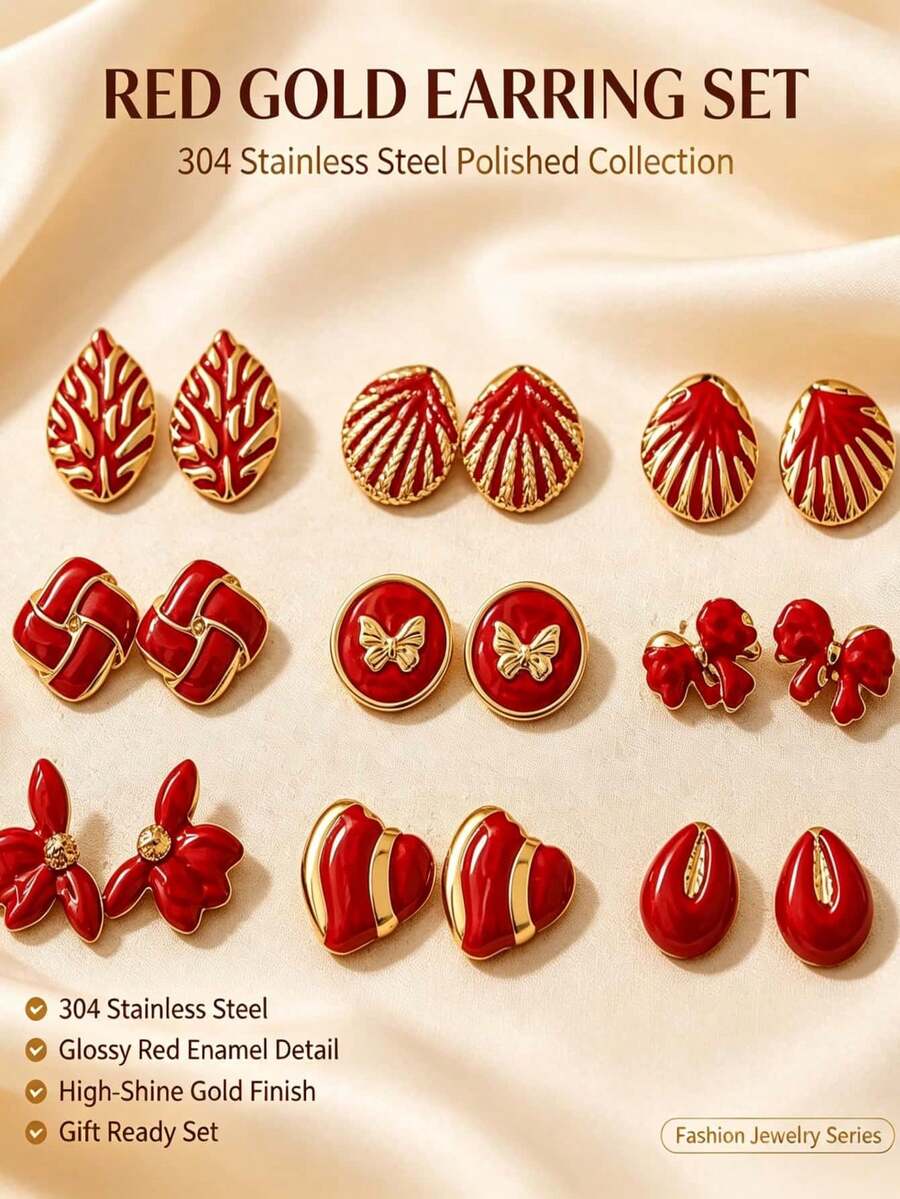 2/6/9 Pairs Minimalist Stainless Steel Earrings, Geometric Flower Design Hypoallergenic Studs, Suitable For Women's Daily, Holiday, Commute, Vacation Wear, Halloween Accessory, Women's Earrings - Red Earrings - View 1
