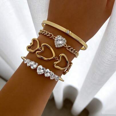 4pcs Women's INS Style Cuban Chain Heart-Shaped Rhinestone Bracelet Set, Daily Wear
