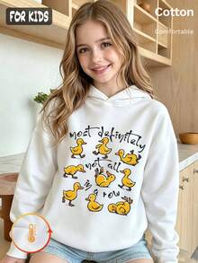 Autumn Girls Yellow Duck Print Hoodie Long Sleeve Casual Pullover Y2K - White - View 3