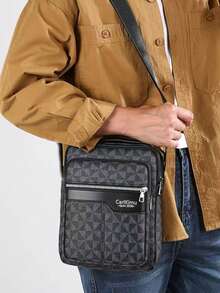 Geometric Letter Pattern Men's Crossbody Bag, Patchwork Multi-Zipper Top Handle Adjustable Shoulder Strap Business Casual Vertical Messenger Bag - Multicolor - View 8