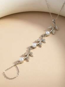 1pc Fashion Unique Leaf & Faux Pearl Decor Tassel Bridal Wedding Dress Accessory Ring Bracelet Integrated Chain - Silver - View 3