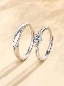 1 Set Of Valentine's Day Fresh And Simple And Simple Rhinestone-Encrusted Love At First Sight Couple's Opening Adjustable Rings - Antique Silver - View 2