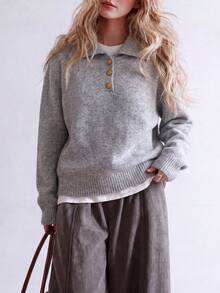 Women's Winter Grey Knit Pullover Sweater, Button Detail, Long Sleeve, Cropped - Grey - View 3