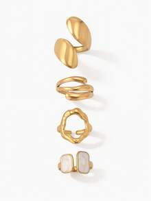 Vandermere 4pcs Fashion Vintage Stainless Steel Gold Plated Old Money Style Geometric Oval Line Ring Set Suitable For Women's Daily Wear - Multicolor - View 1