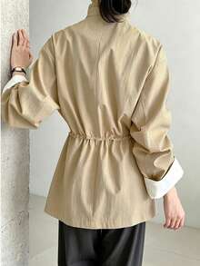 Women's Relaxed Fit Stand Collar Trench Coat, New Slimming Waist, Dropped Shoulder, Patchwork Cuffs, Loose Pockets, Versatile Workwear Commuter Thin Jacket, Early Autumn Spring - Apricot - View 2
