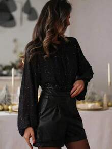 Elegant Sheer High Neck Lantern Sleeve Blouse With Subtle Glitter, Evening Style - Black - View 7