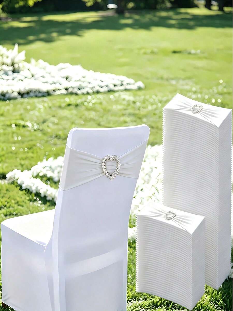 6/12/24/48pcs White Elastic Chair Sashes, Multi-Piece Chair Sash Set With Heart-Shaped Buckle Slider, Chair Sash Bows, Suitable For Wedding Party Decoration - White - View 1