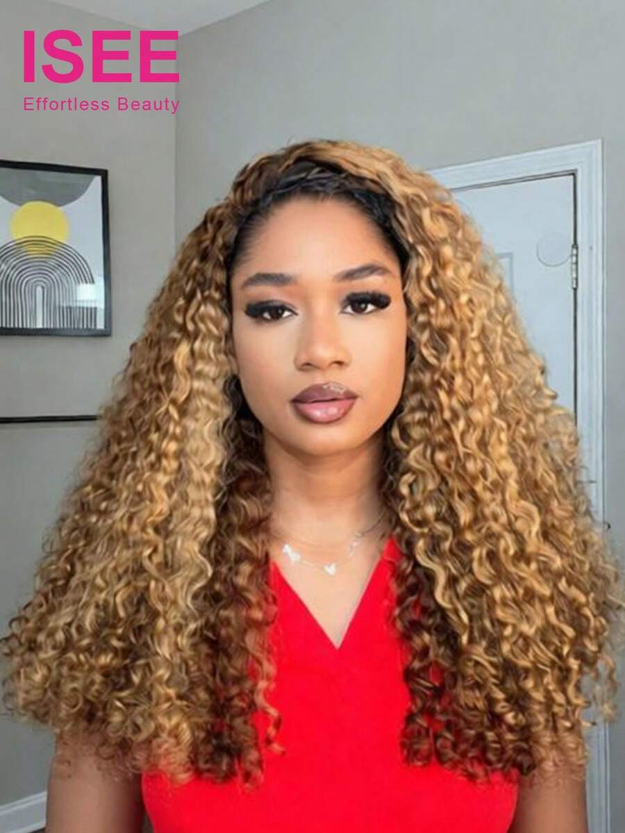 ISEE Hair Highlight Color Wear Go Half Wig, Burmese Curly Human Hair, 16-28 Inches, 180% Density, 3-In-1 Drawstring Half Wig, Natural Hairline, Beginner Friendly, Seamless Flip Wig, Glueless And Laceless - S4/27 - View 1