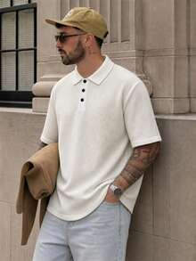Lookun Men's Polo Shirt, Polo Collar, Short Sleeve, Knit, Loose Straight Fit, Casual Top, Spring/Summer - White - View 2