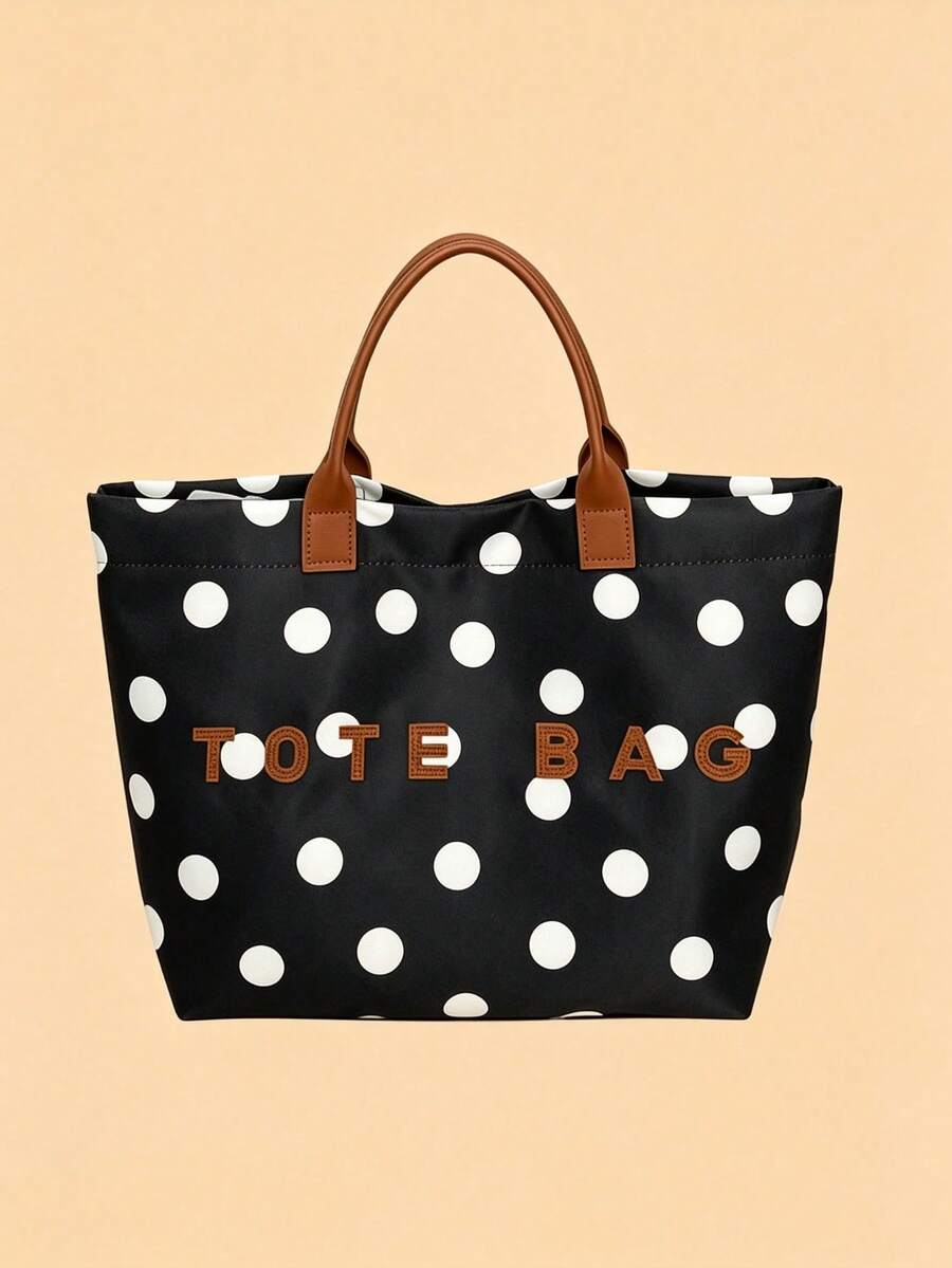 New Women's Nylon Polka Dot Print Tote Bag, Minimalist Lightweight Large Capacity Shopping Bag With Letter Decor Design - Black - View 1