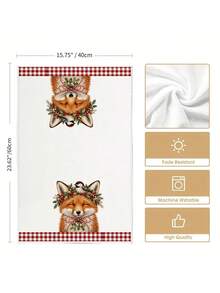 2pcs/4pcs Christmas Kitchen Towels, Fox Bird Holly Berry Print, Red & Green Plaid Border Holiday Home Decor Hand Towels - Multicolor - View 3