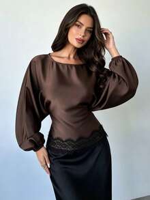 Elegant Fashion Women's Autumn Long Sleeve Shirt, Round Neck Drop Shoulder Design, Back Tie Detail, Paired With Delicate Lace Hem, Exuding Graceful Elegant - Mocha Brown - View 2