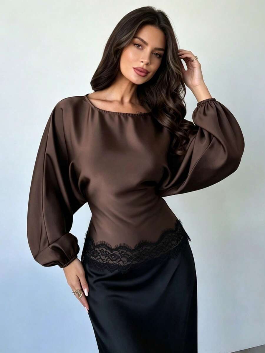 Elegant Fashion Women's Autumn Long Sleeve Shirt, Round Neck Drop Shoulder Design, Back Tie Detail, Paired With Delicate Lace Hem, Exuding Graceful Elegant