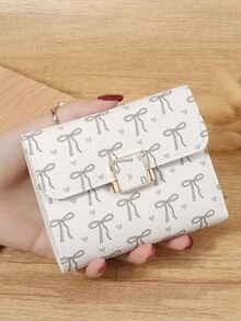 Fashionable Women's Bow Printed Short Credit Card Storage Bag, Simple And Casual Multifunctional Card Holder, Three Fold Buckle Women's Wallet - Light Grey - View 1