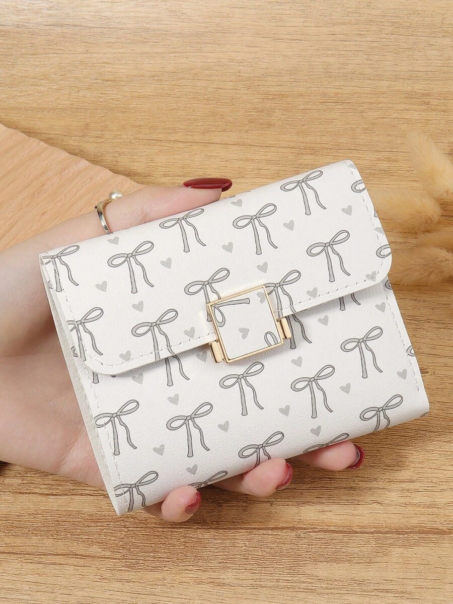Fashionable Women's Bow Printed Short Credit Card Storage Bag, Simple And Casual Multifunctional Card Holder, Three Fold Buckle Women's Wallet - Light Grey - View 1