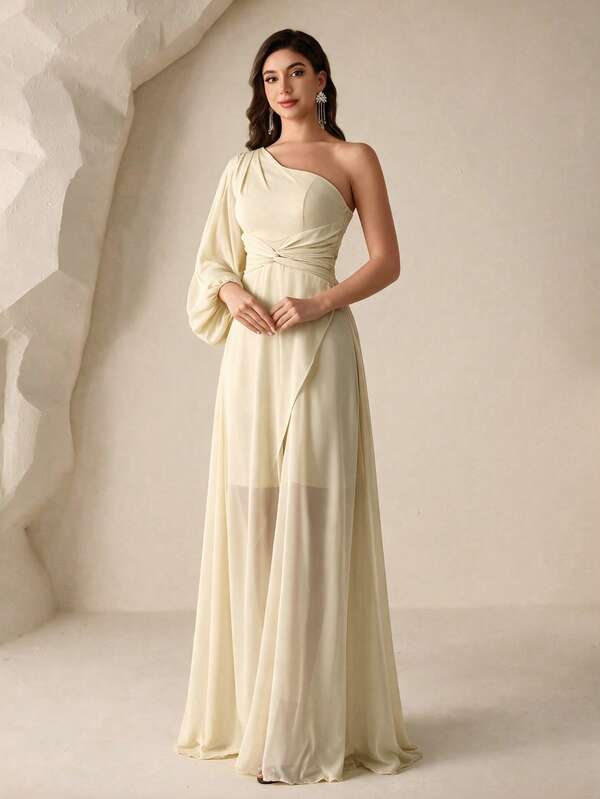 UNITHORSE Fashion Party One-Shoulder Lantern Sleeve Chiffon Dress