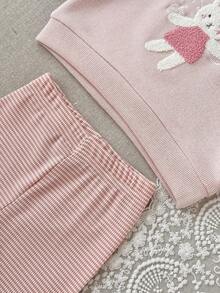 2Pcs/Set Baby Girl Cute Rabbit Applique Embroidery Round Neck Long Sleeve Top & Fine Plaid Long Pants Casual Outfit - Pink - View 9