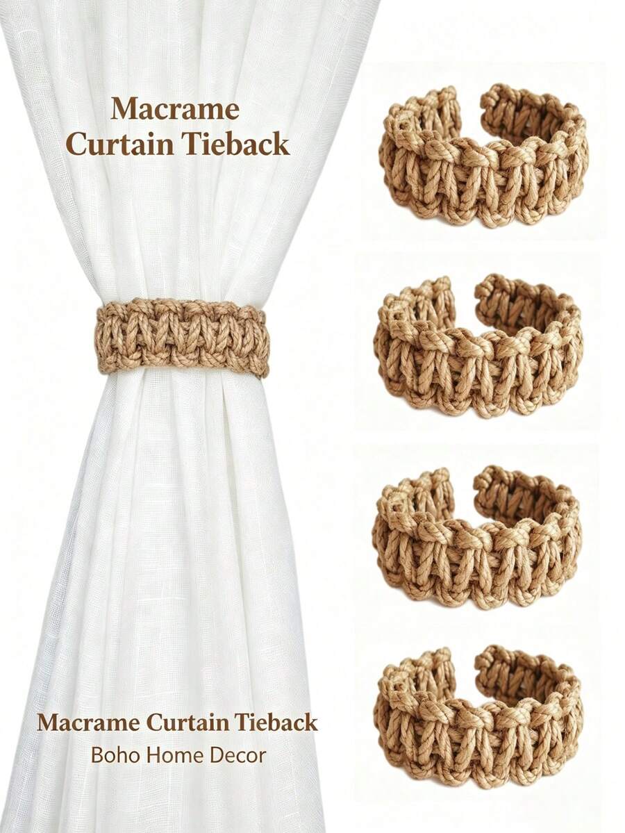 2/4/6/1pc/Set Curtain Clip Rings, Thick Hand-Woven Jute Cotton Rope, Coarse Needle Hollow Knit Craft Detail, Flexible C-Shaped Curtain Clip, Premium Handmade Curtain Fixing Buckle, Suitable For Bedroom Living Room Window Home Aesthetic Decor