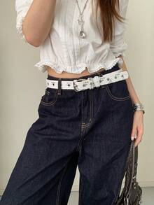 1pc White Women's PU Faux Leather Commuter Style Star Sequin Rivet Waist Belt, Y2K Dopamine Decor Belt - White - View 2