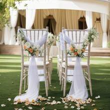 10pcs Elegant White Chiffon Chair Cover Set (Without Floral Accessories), Suitable For Aisle Wedding Chair Back Decoration, Church Chiffon Banquet Ceremony Reception Chair Set, Photography Props, Birthday Party And Home Decor - White - View 2