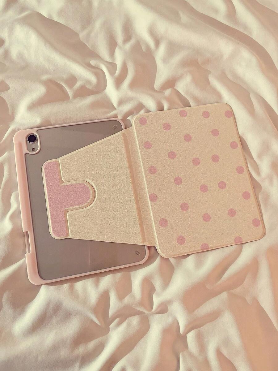 1PC Cream White With Pink Polka Dot 360° Rotating Acrylic Tablet Case, Adjustable Stand, Stylus Holder, Compatible With IPad5, IPad6, IPad7, IPad8, IPad9, IPad10, IPad11, Air4, Air5, Air6, Air7, Air8, Pro2020 11inch, Pro2021 11inch, Pro2022 11inch, Pro11 2024 11inch - Pink - View 1