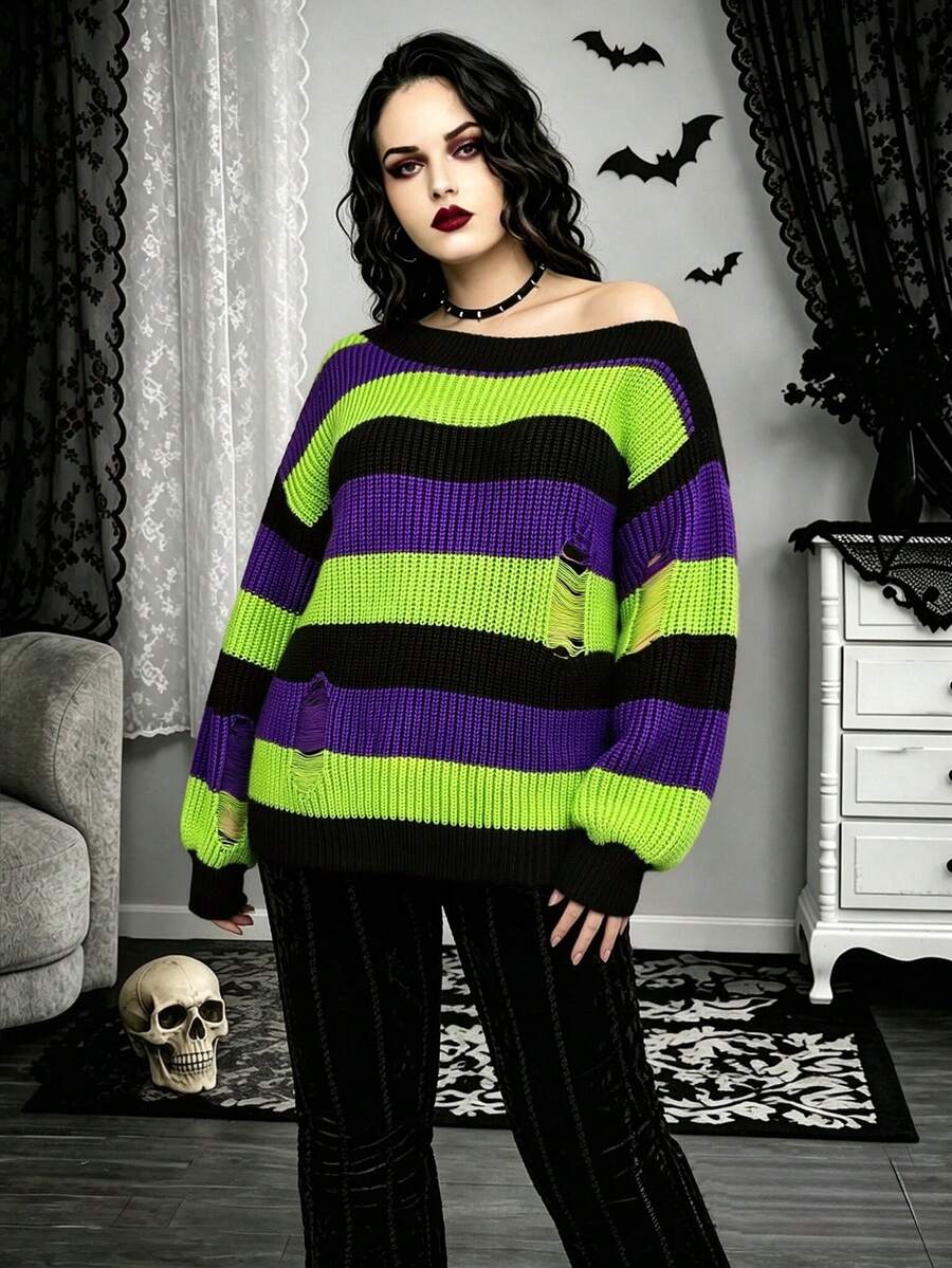 Plus Size Women's Colorblock Striped Distressed Knit Top, Asymmetric Neck, Lantern Sleeve, Y2K Gothic Punk, Suitable For Daily Wear, Halloween And Carnival Parties - Multicolor - View 1