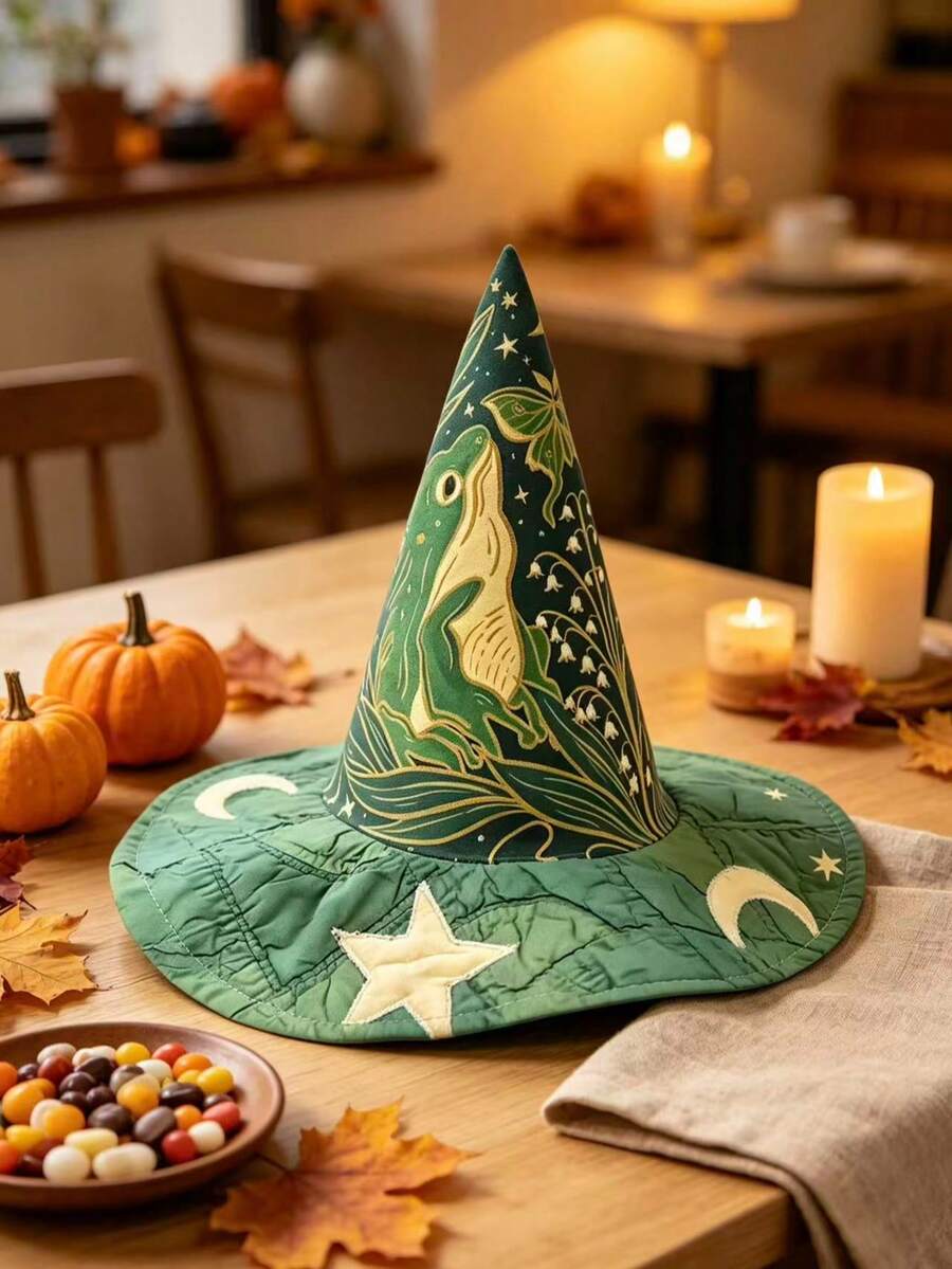 Vintage Handmade Quilted Frog Witch Hat, Halloween Costume Accessory, Suitable For Theme Parties And Holiday Gifts - Multicolor - View 1