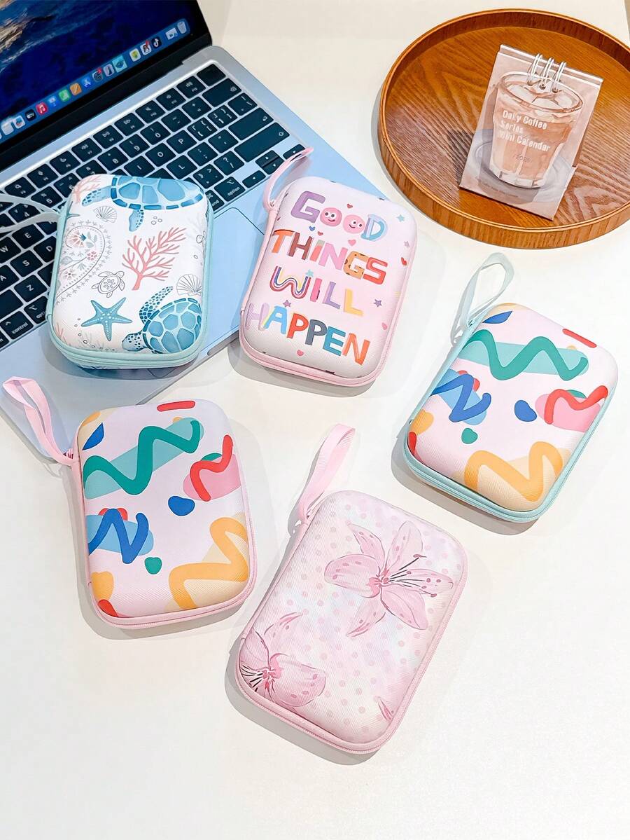 Cute Printed Hard Shell Electronic Organizer Case, Portable Travel Cable Storage Bag, Zipper Pouch For Charger, Earbuds, Power Bank, USB Cord, Small Digital Accessories - Multicolor - View 1