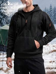 Sweatshirt berkerudung setengah resleting pria dengan tudung bertali, saku lengan berresleting, dan desain saku kanguru, cocok untuk berkemah, mendaki, dan berbagai aktivitas rekreasi luar ruangan. - Hitam - View 8