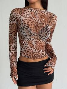 Halloween Autumn Leopard Print Shiny Sheer Mesh Long Sleeve Crop Top, Nightclub Party - Brown - View 2