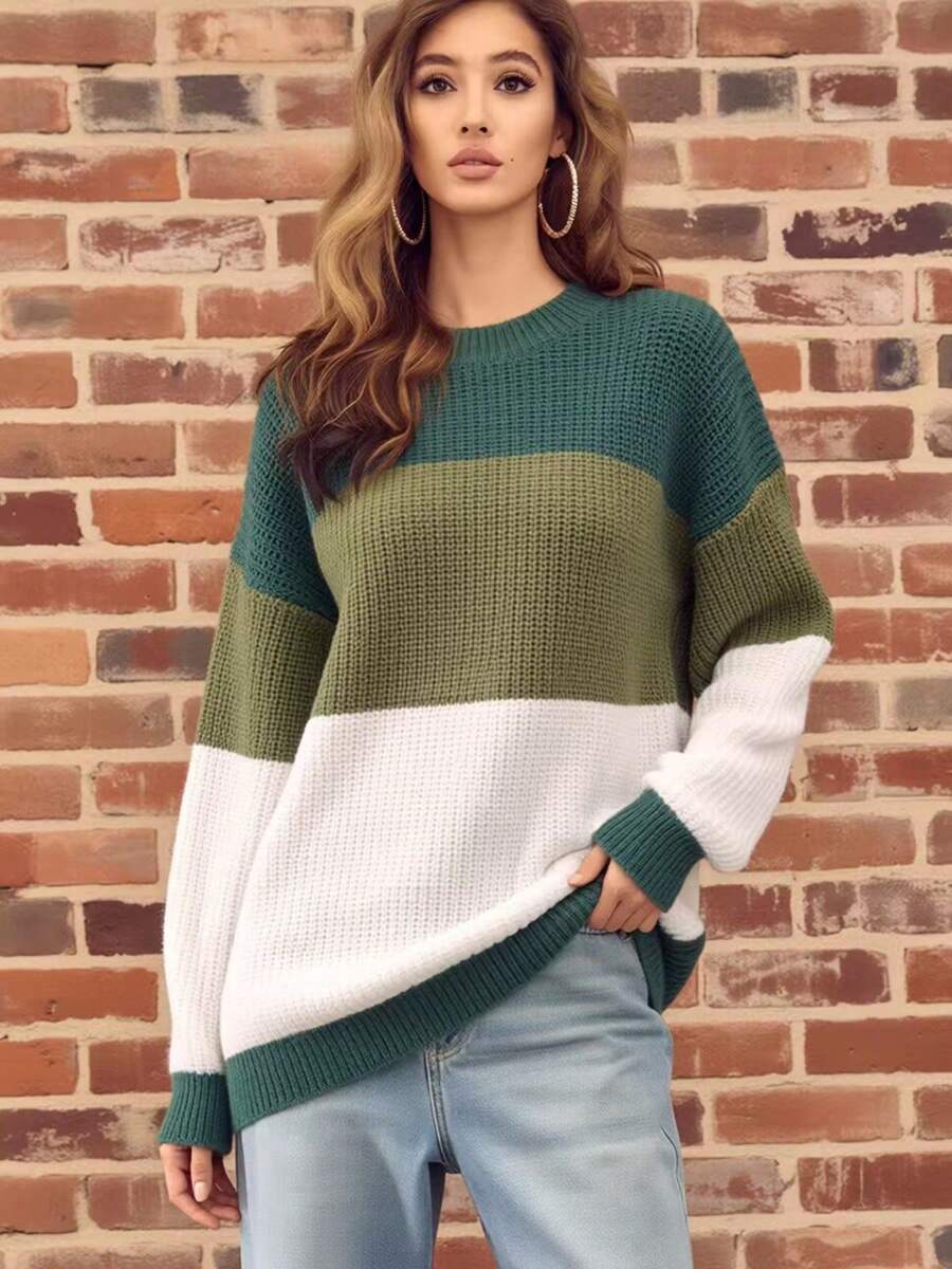 Fashionable Plus Size Striped Sweater, Bold Color Block Round Neck Pullover, Cute Plus Size Top For Daily Wear Fall